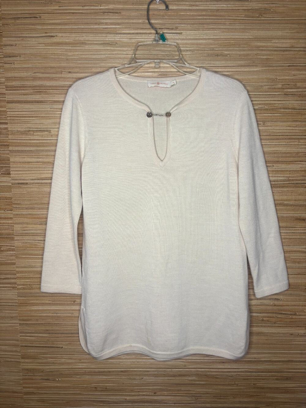 Tory Burch Women's Double T-Chain Keyhole Pullover Sweater Cream Sz S